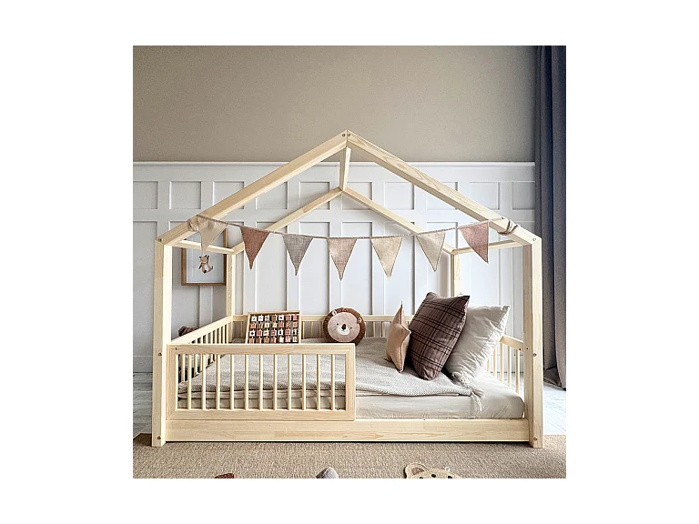 Lit cabane 90x190 barrière et sommier inclus pieds 1 cm Rosalie Bois