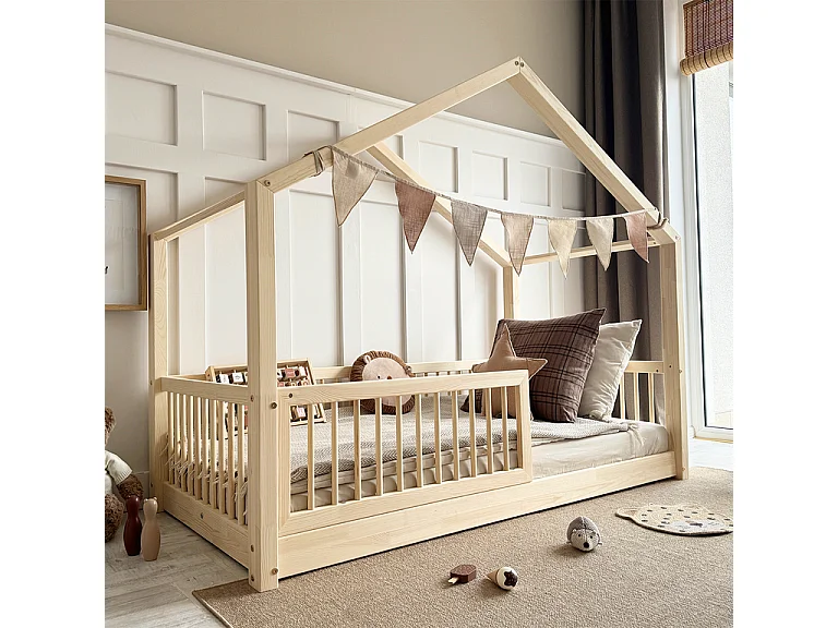 Lit cabane 90x190 barrière et sommier inclus pieds 1 cm Rosalie Bois