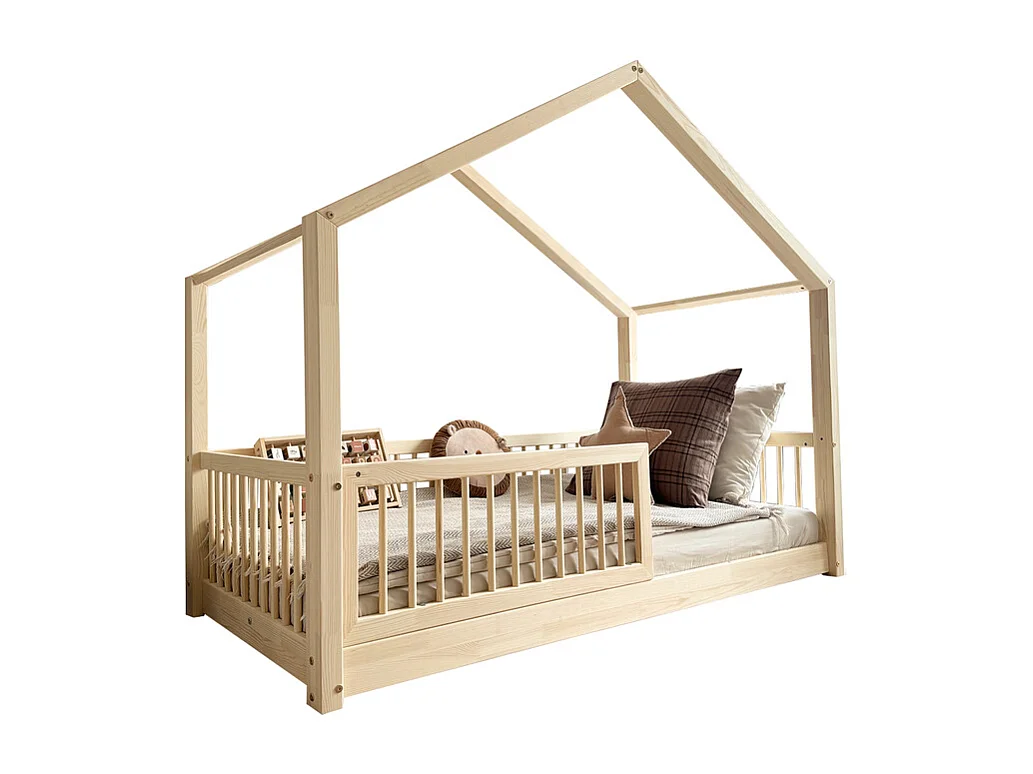 Lit cabane 90x190 barrière et sommier inclus pieds 1 cm Rosalie Bois