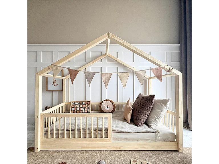 Lit cabane 90x190 barrière et sommier inclus pieds 1 cm Rosalie Bois