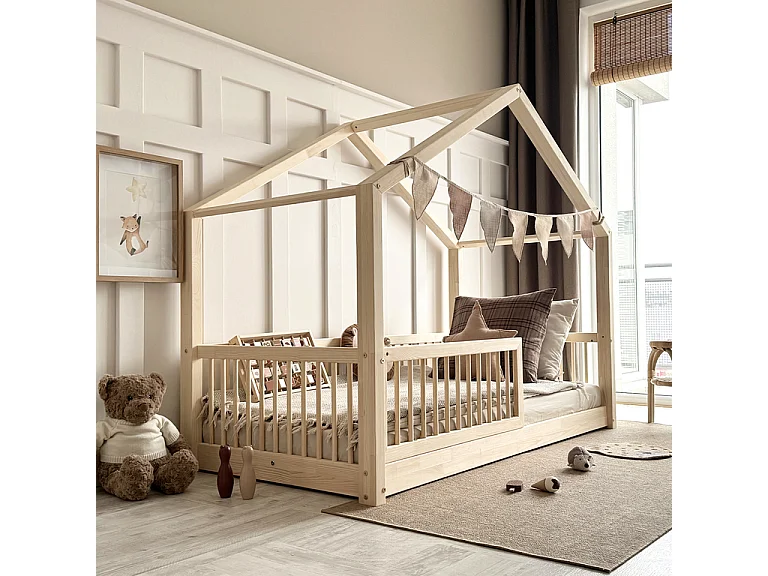 Lit cabane 90x190 barrière et sommier inclus pieds 1 cm Rosalie Bois