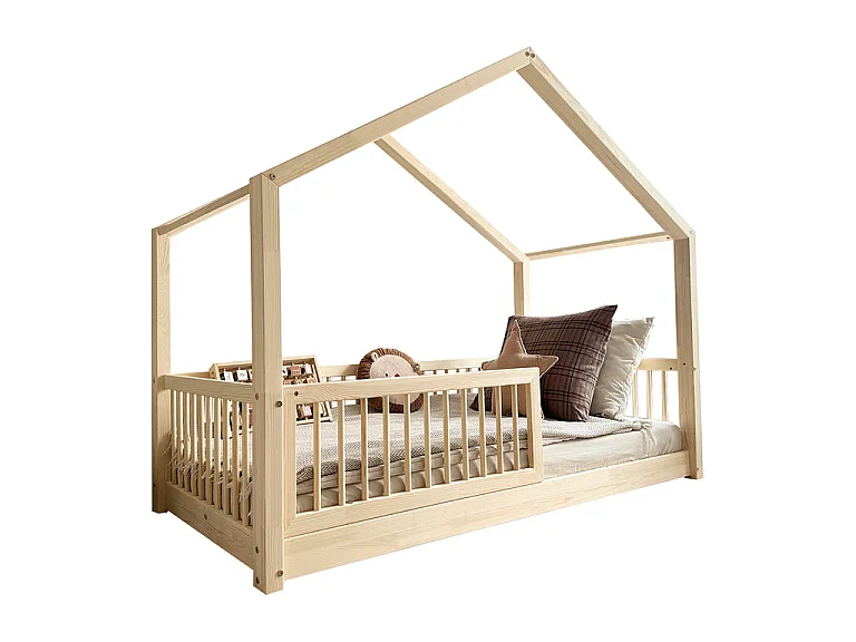 Lit cabane 90x190 barrière et sommier inclus pieds 1 cm Rosalie Bois