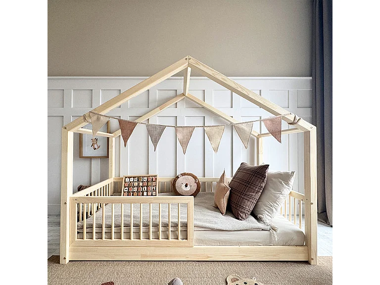 Lit cabane 90x190 barrière et sommier inclus pieds 1 cm Rosalie Bois