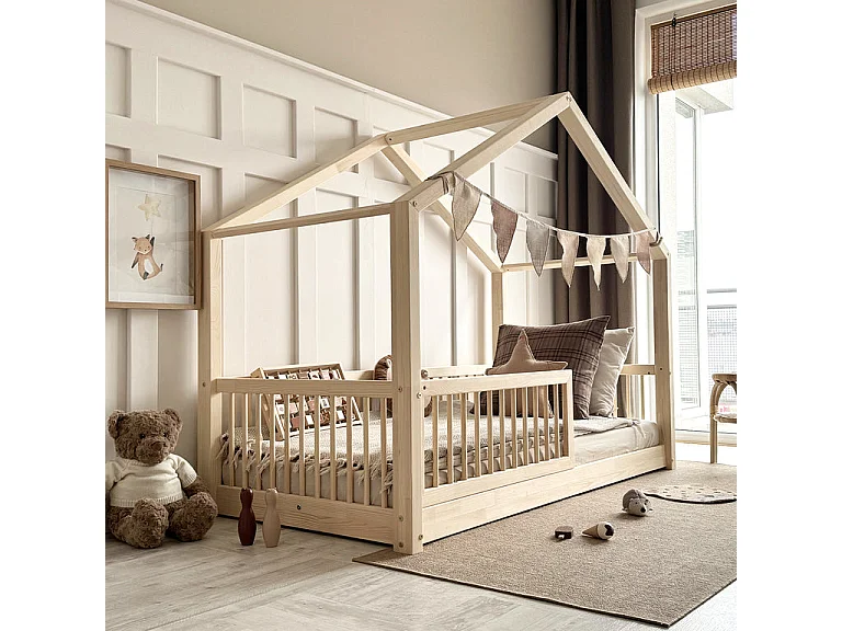 Lit cabane 90x190 barrière et sommier inclus pieds 1 cm Rosalie Bois