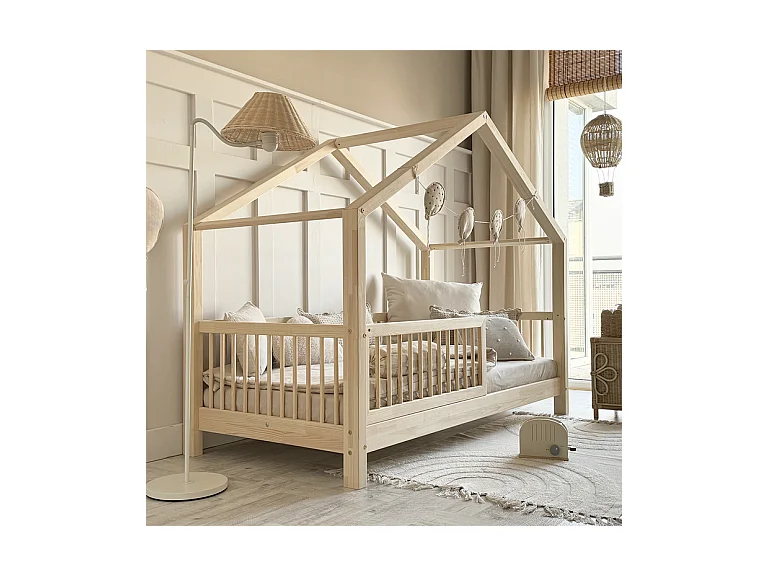 Lit cabane 90x190 barrière et sommier inclus pieds 10 cm Rosalie Bois