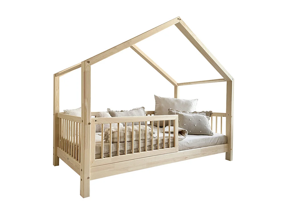 Lit cabane 90x190 barrière et sommier inclus pieds 10 cm Rosalie Bois