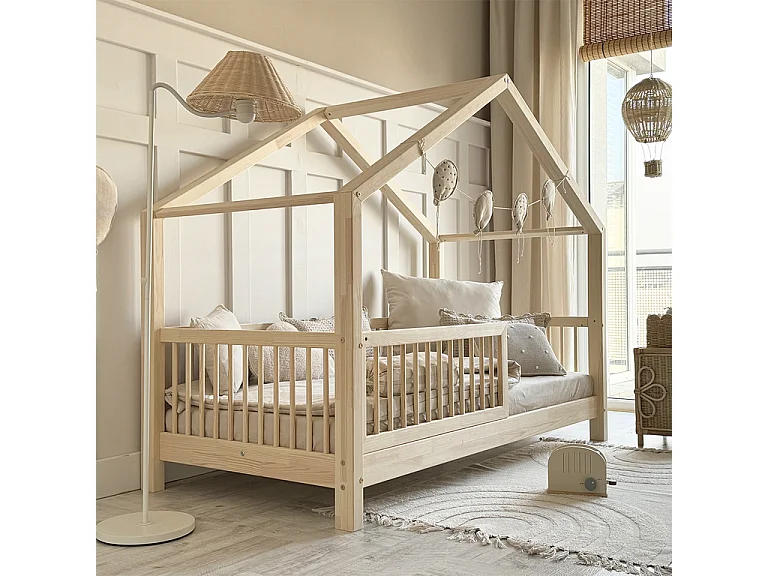 Lit cabane 90x190 barrière et sommier inclus pieds 10 cm Rosalie Bois