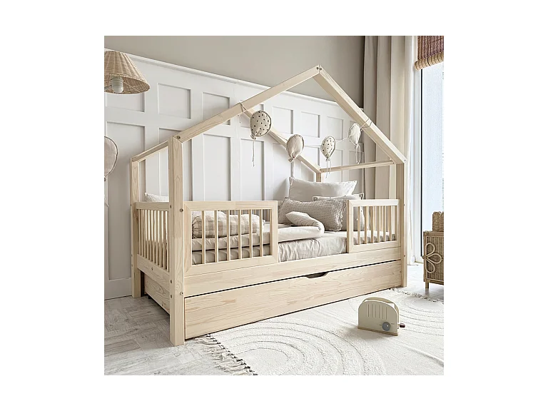 Lit cabane 90x200 barrières sommier et tiroir inclus Rosalie Bois