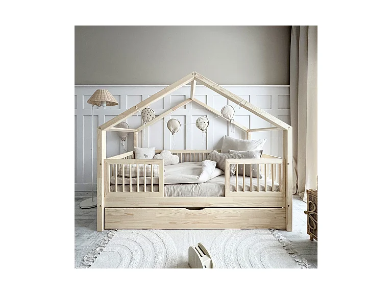 Lit cabane 90x200 barrières sommier et tiroir inclus Rosalie Bois