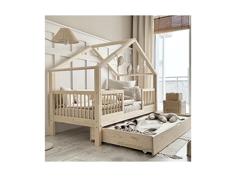 Lit cabane 90x200 barrières sommier et tiroir inclus Rosalie Bois