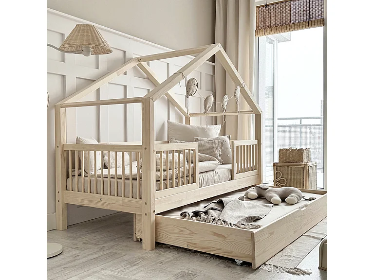 Lit cabane 90x200 barrières sommier et tiroir inclus Rosalie Bois