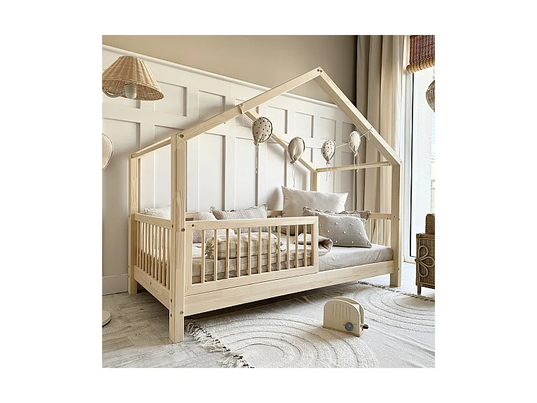 Lit cabane 90x200 barrière et sommier inclus pieds 10 cm Rosalie Bois