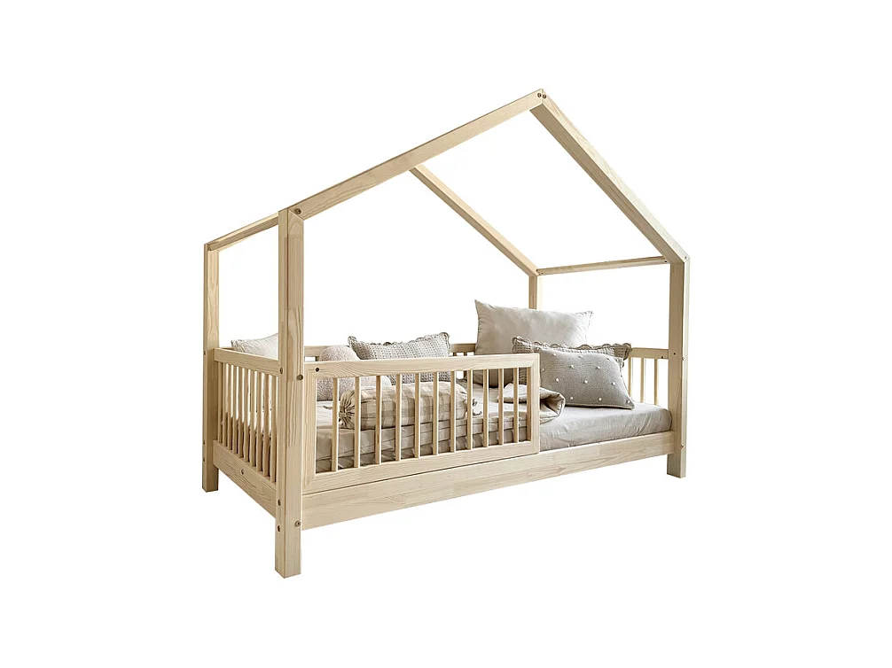 Lit cabane 90x200 barrière et sommier inclus pieds 10 cm Rosalie Bois