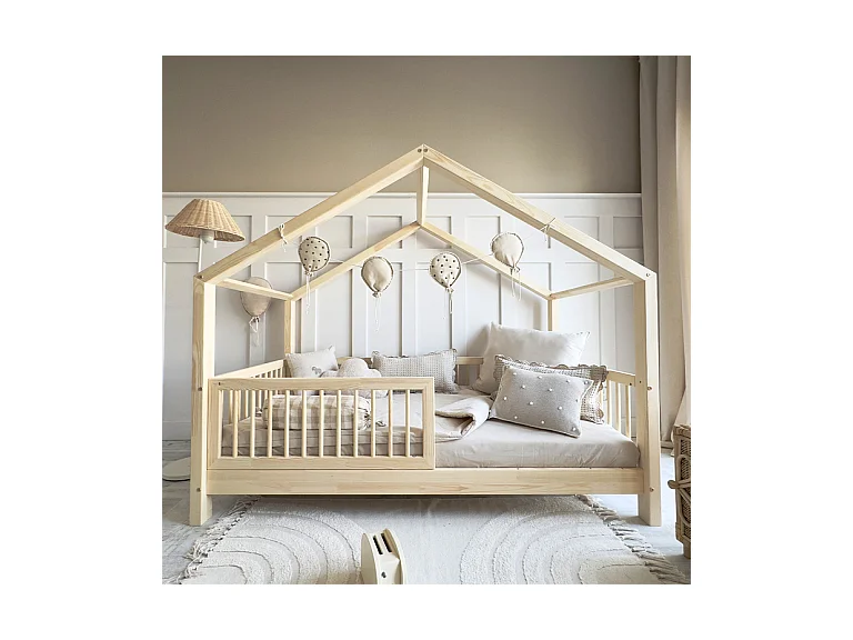 Lit cabane 90x200 barrière et sommier inclus pieds 10 cm Rosalie Bois