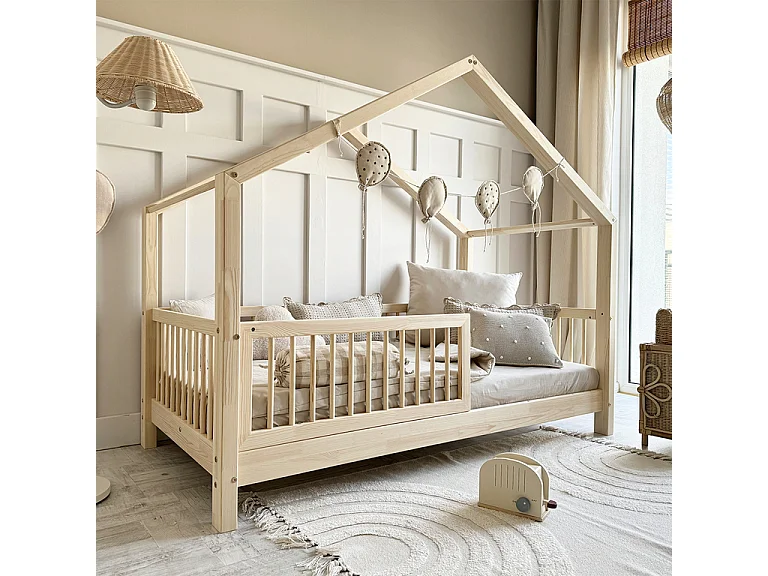 Lit cabane 90x200 barrière et sommier inclus pieds 10 cm Rosalie Bois