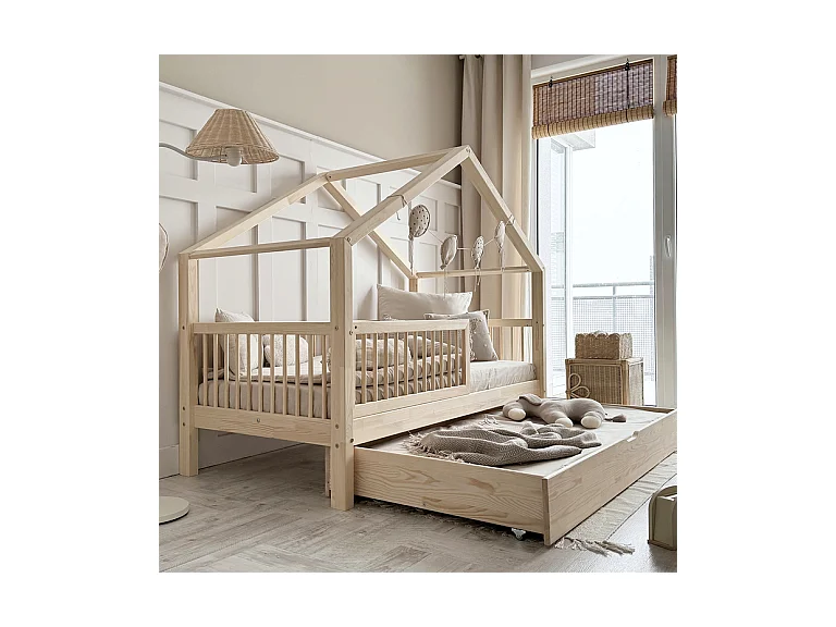 Lit cabane 90x200 barrière sommier et tiroir inclus Rosalie Bois