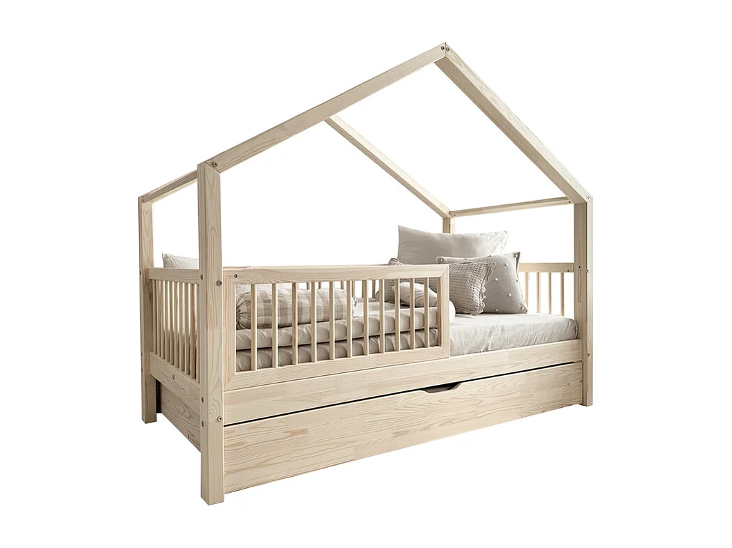 Lit cabane 90x200 barrière sommier et tiroir inclus Rosalie Bois