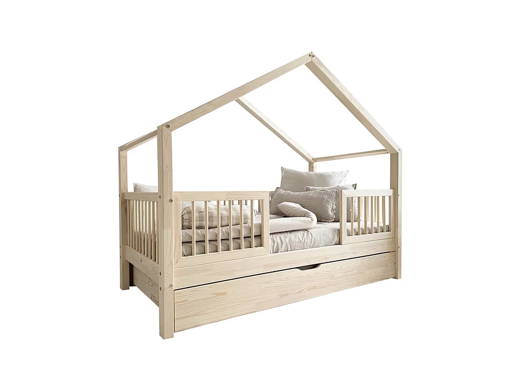 Lit cabane 90x190 barrières sommier et tiroir inclus Rosalie Bois