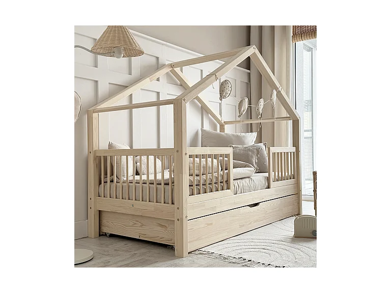 Lit cabane 90x190 barrières sommier et tiroir inclus Rosalie Bois