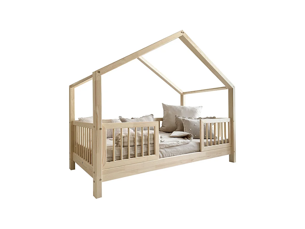 Lit cabane 90x200 barrières et sommier inclus pieds 10 cm Rosalie Bois