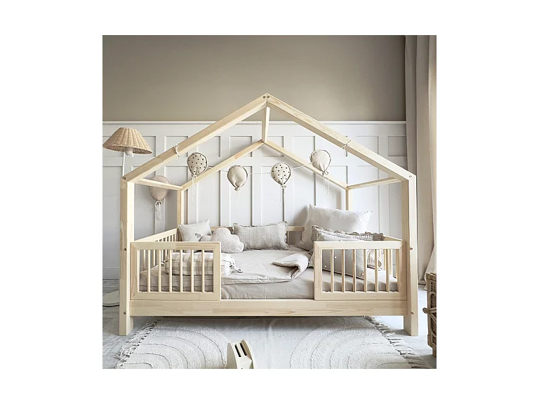 Lit cabane 90x200 barrières et sommier inclus pieds 10 cm Rosalie Bois