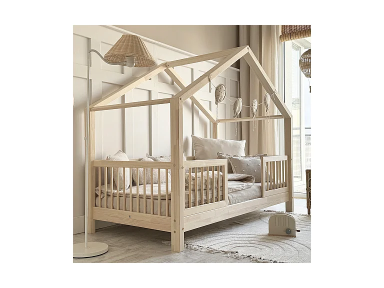 Lit cabane 90x200 barrières et sommier inclus pieds 10 cm Rosalie Bois