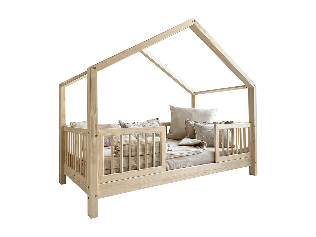 Lit cabane 90x200 barrières et sommier inclus pieds 10 cm Rosalie Bois