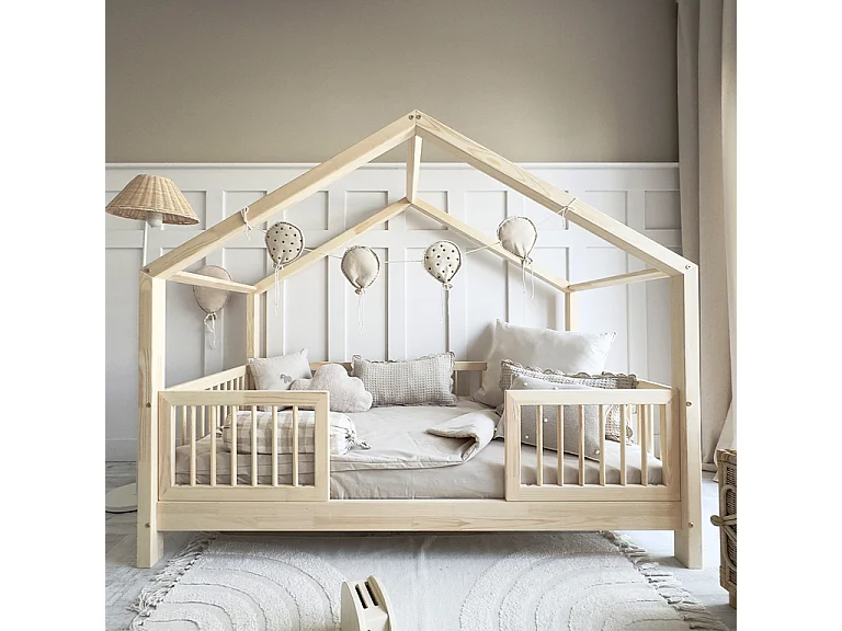 Lit cabane 90x200 barrières et sommier inclus pieds 10 cm Rosalie Bois