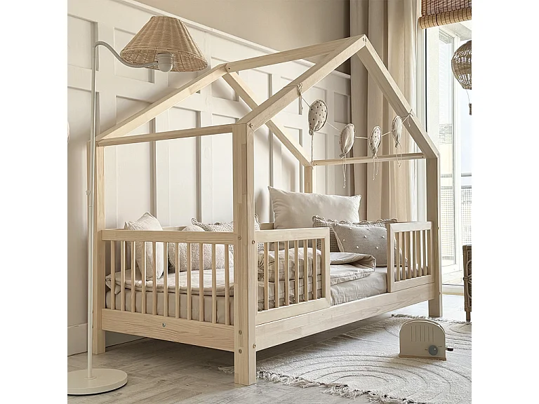 Lit cabane 90x200 barrières et sommier inclus pieds 10 cm Rosalie Bois