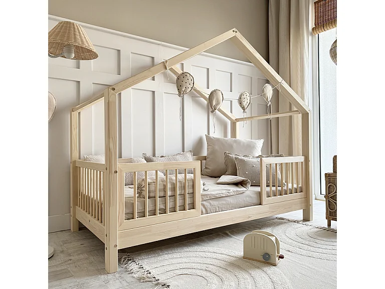 Lit cabane 90x190 barrières et sommier inclus pieds 10 cm Rosalie Bois