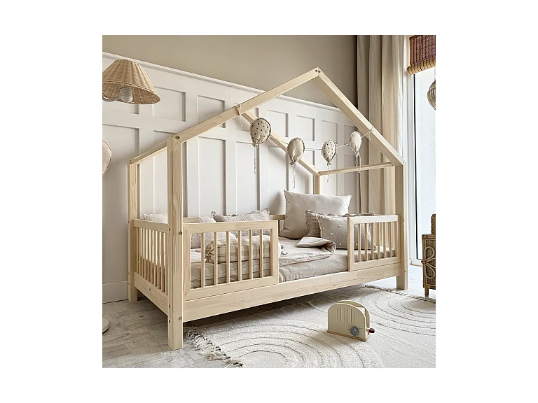 Lit cabane 90x190 barrières et sommier inclus pieds 10 cm Rosalie Bois