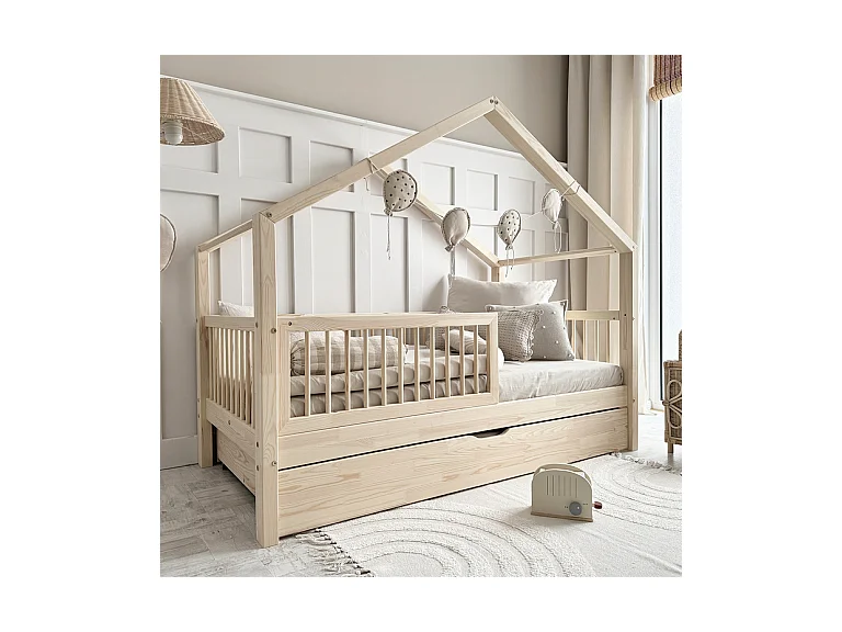 Lit cabane 90x190 barrière sommier et tiroir inclus Rosalie Bois