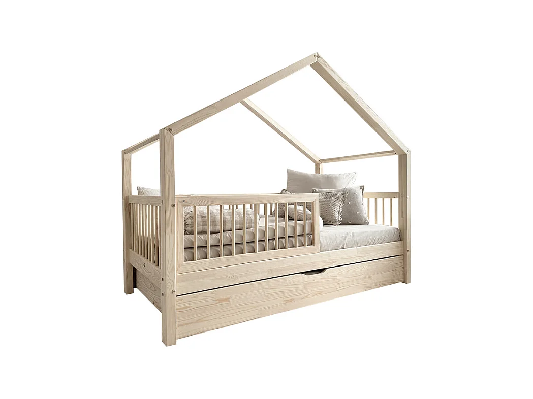 Lit cabane 90x190 barrière sommier et tiroir inclus Rosalie Bois