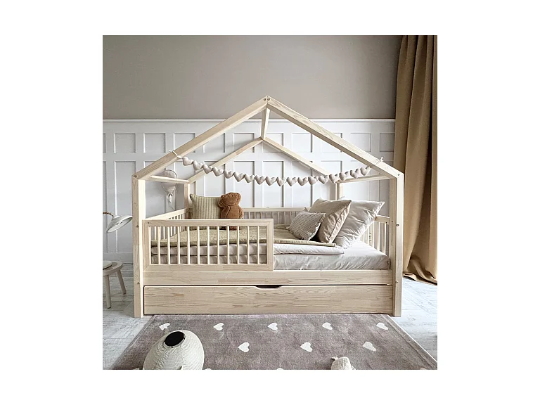 Lit cabane 90x190 barrière sommier et tiroir inclus Rosalie Bois