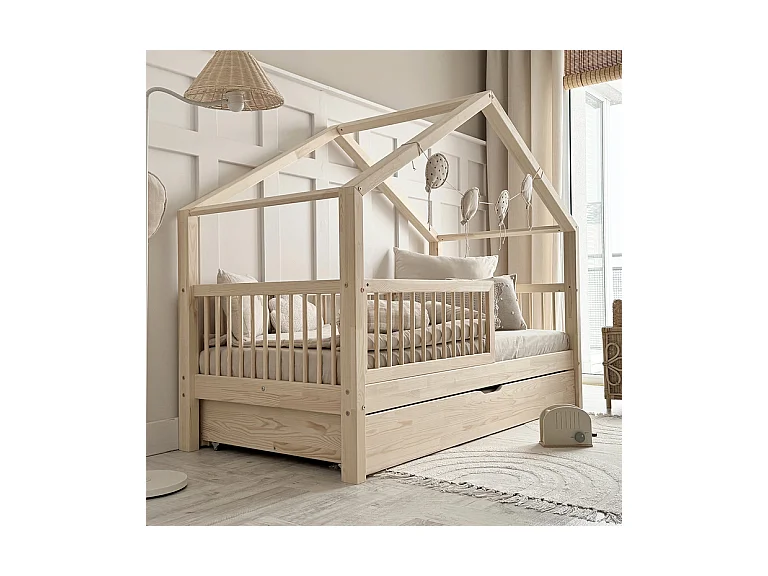 Lit cabane 90x190 barrière sommier et tiroir inclus Rosalie Bois