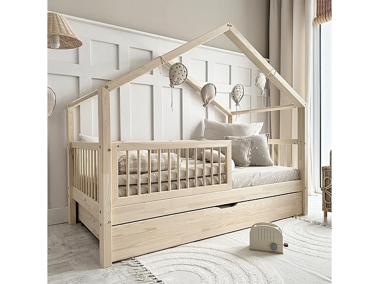 Lit cabane 90x190 barrière sommier et tiroir inclus Rosalie Bois