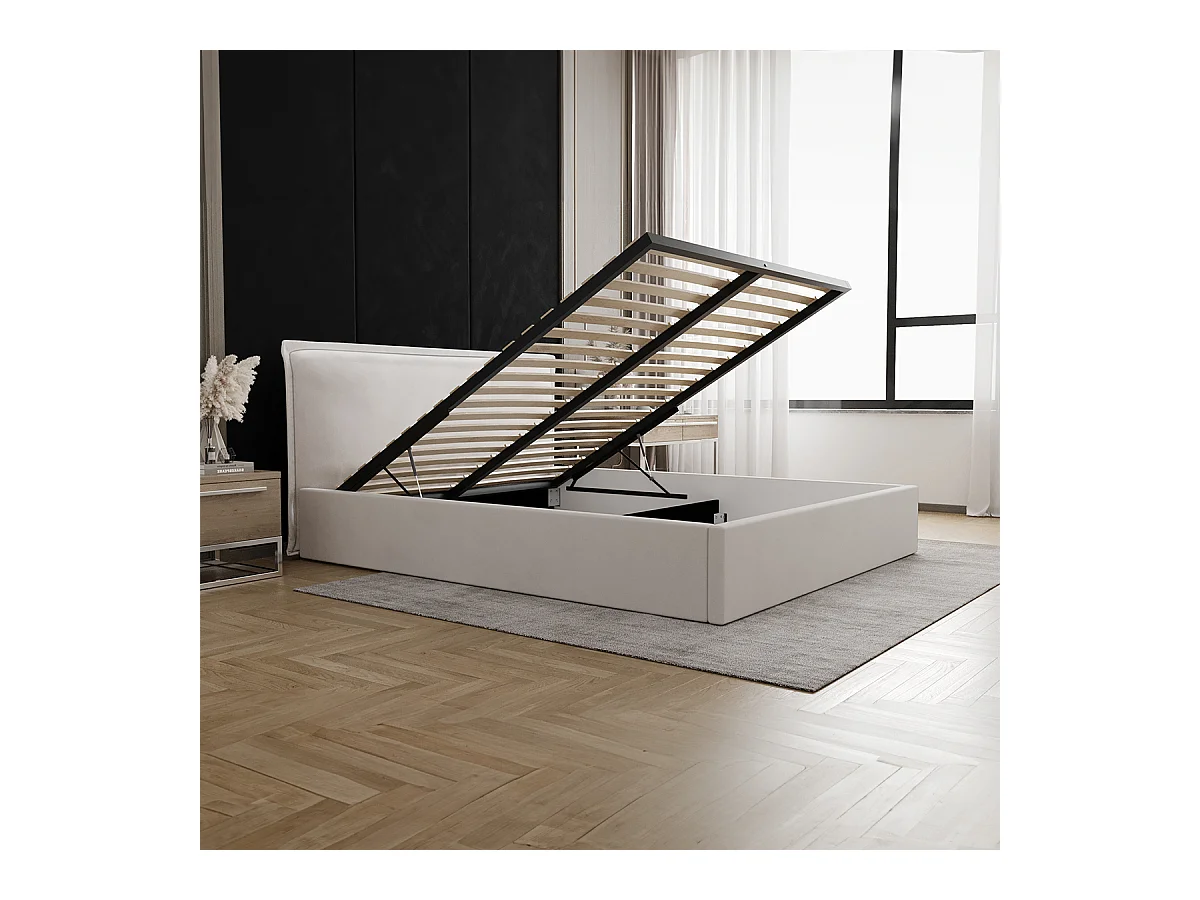 Lit coffre 160x200 sommier inclus Velis Blanc cassé