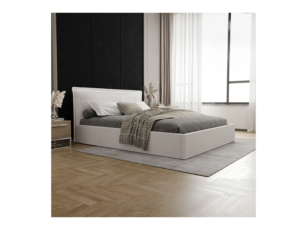 Lit coffre 160x200 sommier inclus Velis Blanc cassé