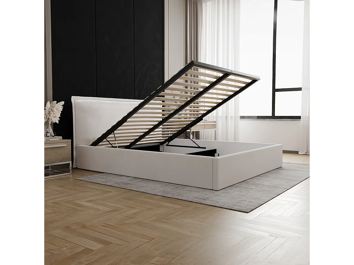 Lit coffre 160x200 sommier inclus Velis Blanc cassé