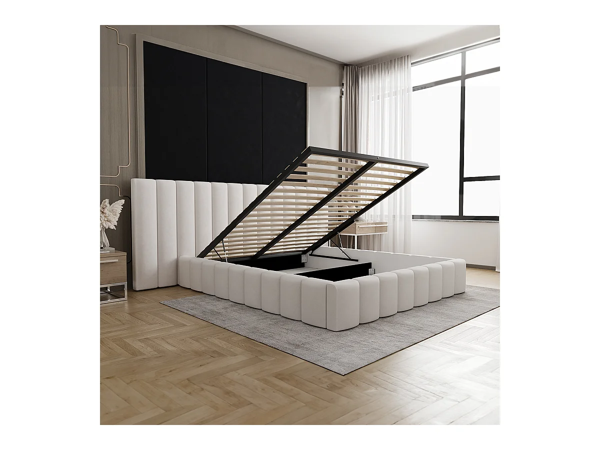 Lit coffre 160x200 sommier inclus Kira Blanc cassé