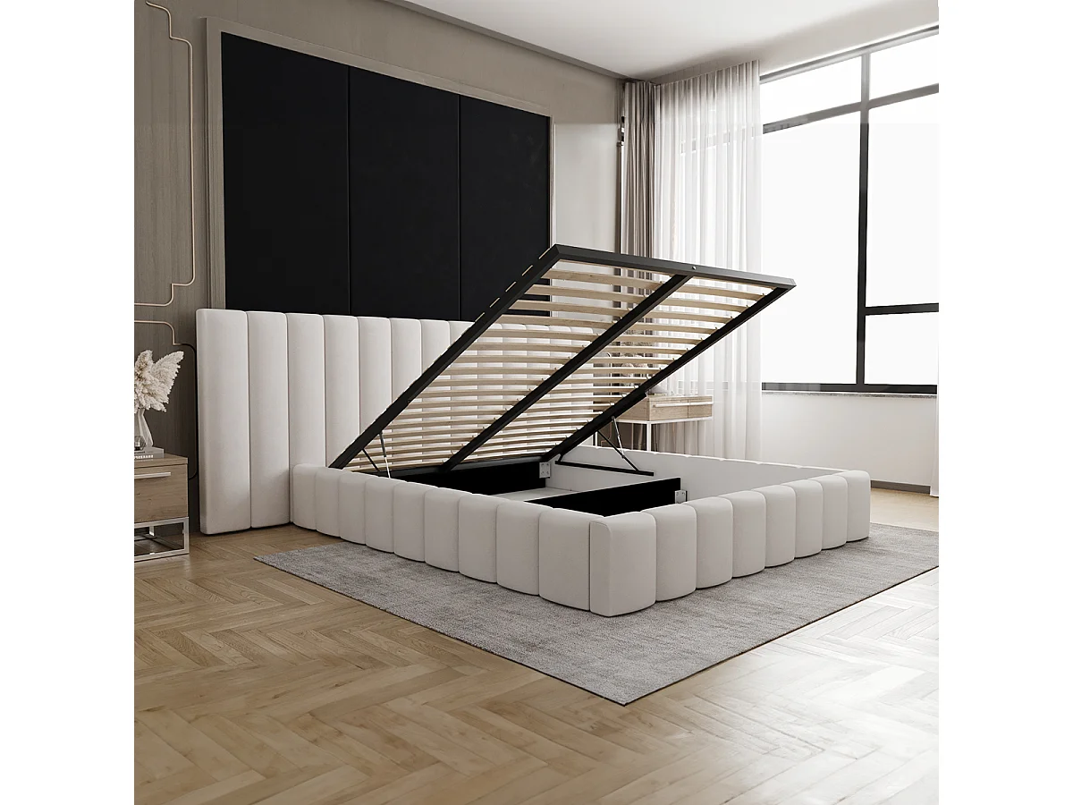 Lit coffre 160x200 sommier inclus Kira Blanc cassé