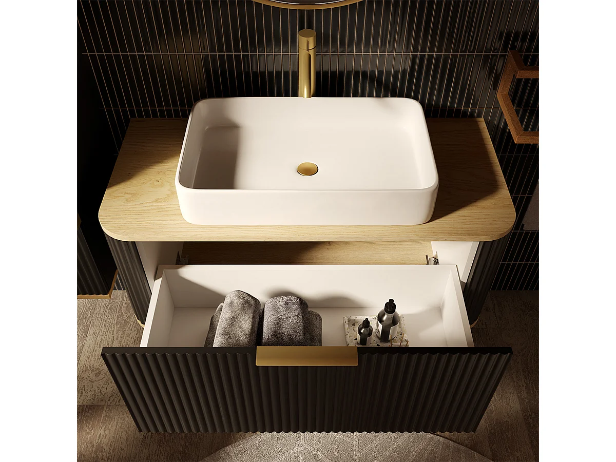 Meuble sous-vasque 80 cm plan de toilette Yuval Noir et Bois