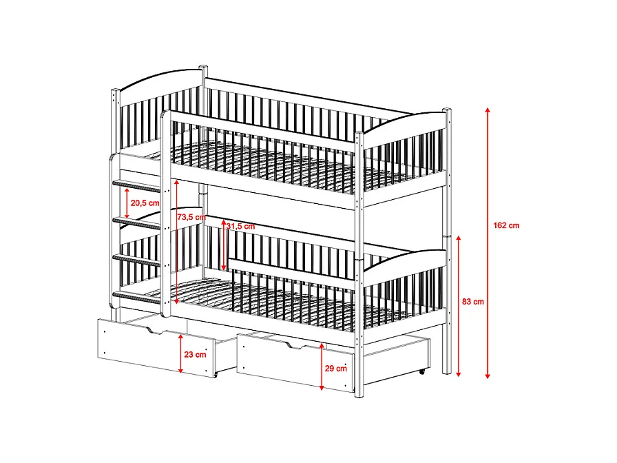 Lit superposé 90x200 sommiers et tiroirs inclus Ioana Bois