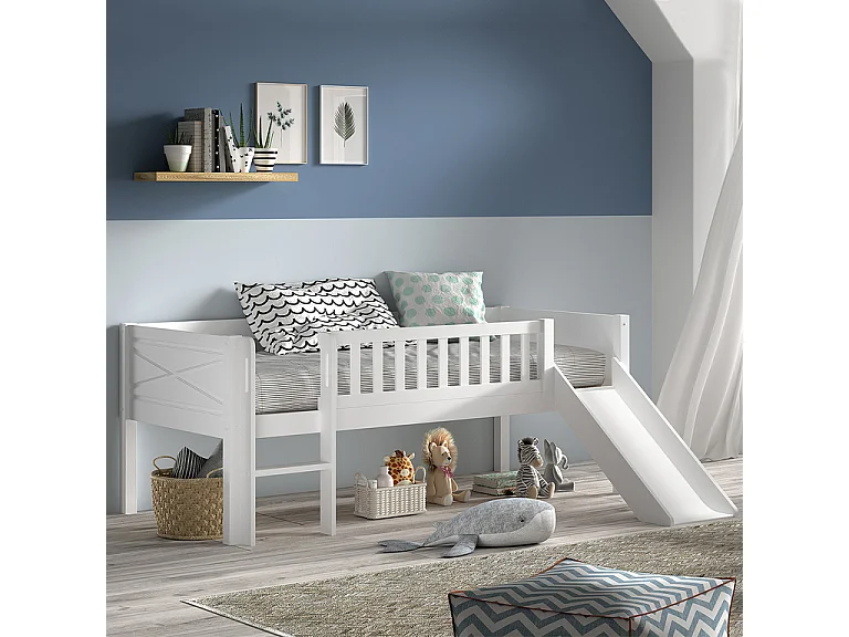 Lit mi-hauteur 90x200 toboggan et sommier inclus Scott Blanc