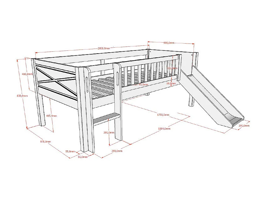 Lit mi-hauteur 90x200 toboggan et sommier inclus Scott Blanc