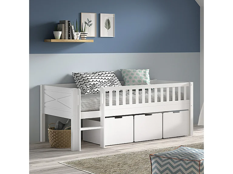 Lit mi-hauteur 90x200 sommier et 3 tiroirs inclus Scott Blanc