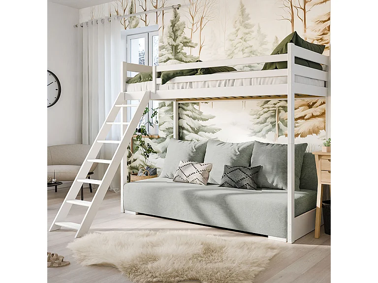 Lit mi-hauteur 90x200 sommier et canapé inclus Orlane Blanc et gris