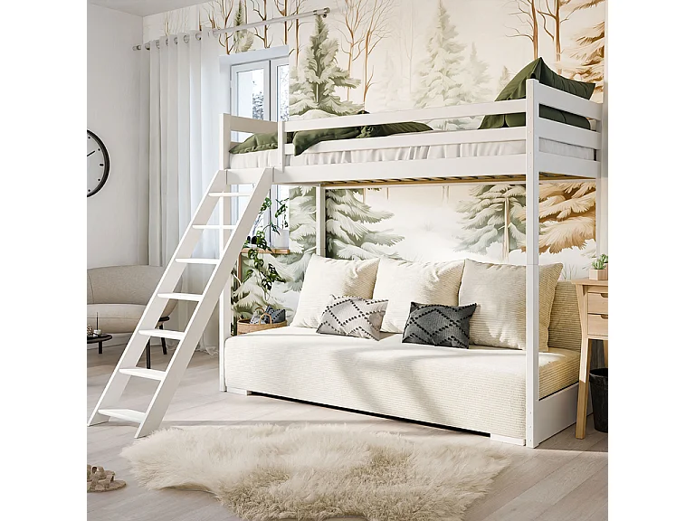 Lit mi-hauteur 90x200 sommier et canapé inclus Orlane Blanc et blanc cassé