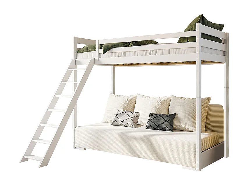 Lit mi-hauteur 90x200 sommier et canapé inclus Orlane Blanc et blanc cassé