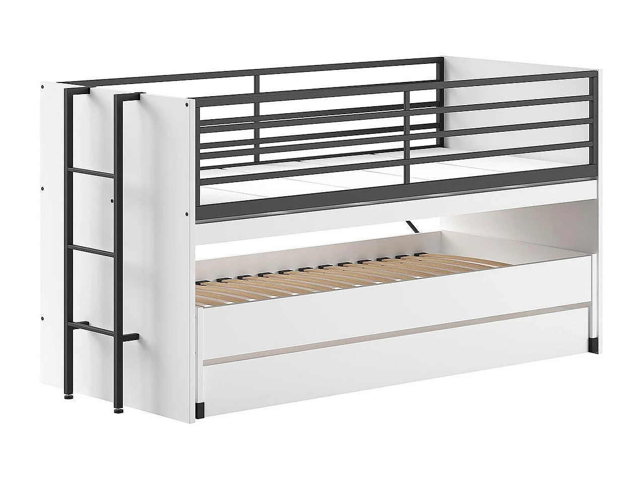Halfhoogslaper 90x200 wit Vipack Sam met lattenbodem en lades, inclusief logeerbed
